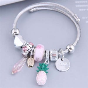 Wholesale Fashion Jewelry Peach Heart and Pineapple Multi-element Charm Pendants Women Bangle - Pink