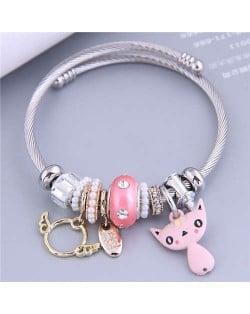 Lovely Cat and Angle Wings Multi-elements Classic Design Women Charm Bangle - Pink