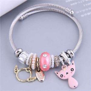 Lovely Cat and Angle Wings Multi-elements Classic Design Women Charm Bangle - Pink