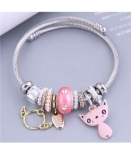 Lovely Cat and Angle Wings Multi-elements Classic Design Women Charm Bangle - Pink