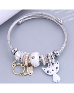 Lovely Cat and Angle Wings Multi-elements Classic Design Women Charm Bangle - White