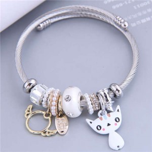 Lovely Cat and Angle Wings Multi-elements Classic Design Women Charm Bangle - White