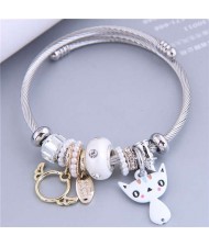 Lovely Cat and Angle Wings Multi-elements Classic Design Women Charm Bangle - White