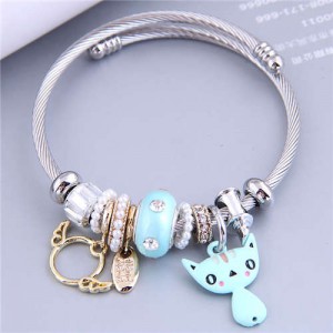 Lovely Cat and Angle Wings Multi-elements Classic Design Women Charm Bangle - Blue
