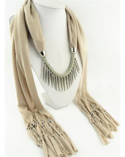 Punk Fashion Long Rivets Tassels Scarf Necklace - Beige