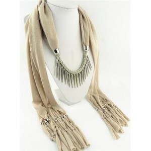 Punk Fashion Long Rivets Tassels Scarf Necklace - Beige