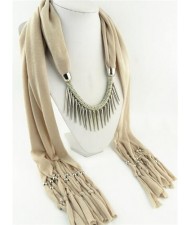 Punk Fashion Long Rivets Tassels Scarf Necklace - Beige