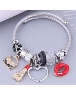 Lovely Design U.S. Fashion Lip and Lipstick Multi-element Charm Pendants Women Bangle - Black