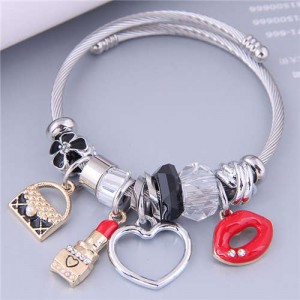 Lovely Design U.S. Fashion Lip and Lipstick Multi-element Charm Pendants Women Bangle - Black