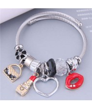 Lovely Design U.S. Fashion Lip and Lipstick Multi-element Charm Pendants Women Bangle - Black