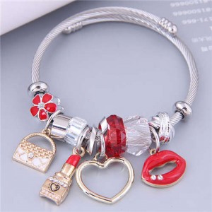 Lovely Design U.S. Fashion Lip and Lipstick Multi-element Charm Pendants Women Bangle - Red