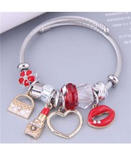 Lovely Design U.S. Fashion Lip and Lipstick Multi-element Charm Pendants Women Bangle - Red