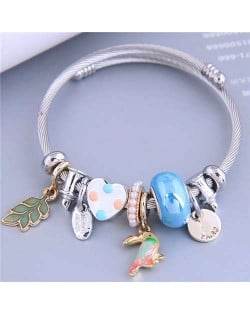 Cottagecore Style Bird and Leaves Multi-element Charm Pendants Women Wholesale Fashion Bangle - Blue