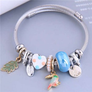 Cottagecore Style Bird and Leaves Multi-element Charm Pendants Women Wholesale Fashion Bangle - Blue