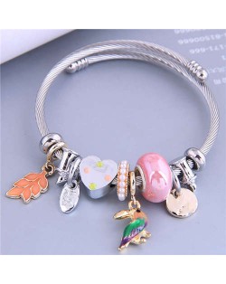 Cottagecore Style Bird and Leaves Multi-element Charm Pendants Women Wholesale Fashion Bangle - Pink