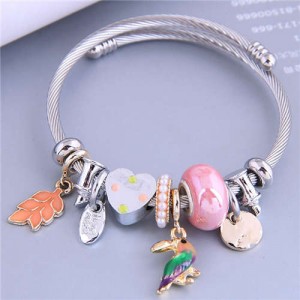 Cottagecore Style Bird and Leaves Multi-element Charm Pendants Women Wholesale Fashion Bangle - Pink