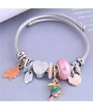 Cottagecore Style Bird and Leaves Multi-element Charm Pendants Women Wholesale Fashion Bangle - Pink