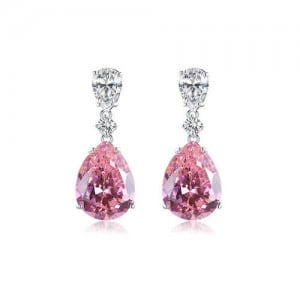 Classic Design Romantic Pink Gem Water Drop Pendant Wholesale 925 Sterling Silver Dangle Earrings