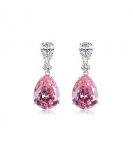 Classic Design Romantic Pink Gem Water Drop Pendant Wholesale 925 Sterling Silver Dangle Earrings