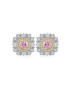 Luxurious Shining Cubic Zirconia Minimalist Pink Flower Design Wholesale 925 Sterling Silver Ear Studs