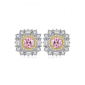 Luxurious Shining Cubic Zirconia Minimalist Pink Flower Design Wholesale 925 Sterling Silver Ear Studs