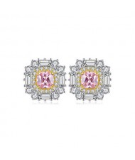 Luxurious Shining Cubic Zirconia Minimalist Pink Flower Design Wholesale 925 Sterling Silver Ear Studs