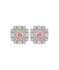 Luxurious Shining Cubic Zirconia Minimalist Pink Flower Design Wholesale 925 Sterling Silver Ear Studs