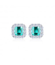 Wholesale 925 Sterling Silver Jewelry Luxurious Emerald Green Stone Square Design Ear Studs