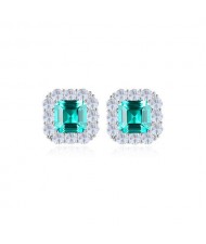 Wholesale 925 Sterling Silver Jewelry Luxurious Emerald Green Stone Square Design Ear Studs