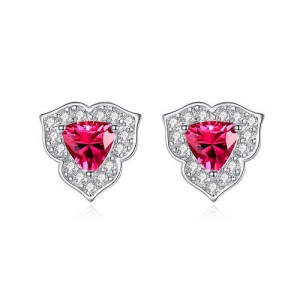 Bling Red Gem Stone Petal Design Temperament Wholesale 925 Sterling Silver Earrings