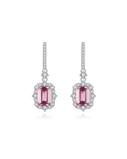 Luxurious Queen Style Cubic Zirconia and Pink Gem Square Pendant Shining Wholesale 925 Sterling Silver Dangle Earrings