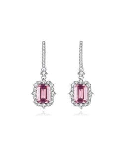 Luxurious Queen Style Cubic Zirconia and Pink Gem Square Pendant Shining Wholesale 925 Sterling Silver Dangle Earrings