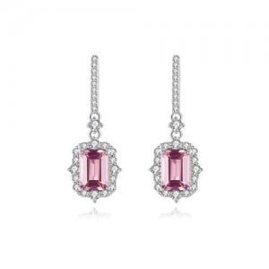 Luxurious Queen Style Cubic Zirconia and Pink Gem Square Pendant Shining Wholesale 925 Sterling Silver Dangle Earrings