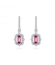 Luxurious Queen Style Cubic Zirconia and Pink Gem Square Pendant Shining Wholesale 925 Sterling Silver Dangle Earrings