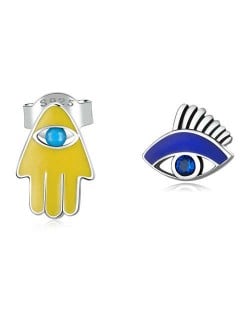 Classic Design Lucky Hand and Eye Asymmetric Wholesale 925 Sterling Silver Stud Earrings