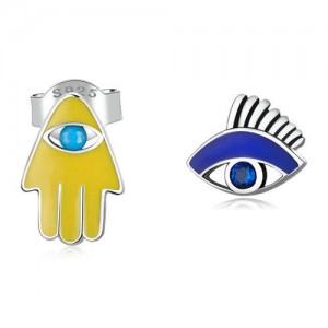 Classic Design Lucky Hand and Eye Asymmetric Wholesale 925 Sterling Silver Stud Earrings