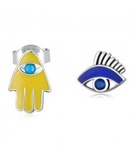 Classic Design Lucky Hand and Eye Asymmetric Wholesale 925 Sterling Silver Stud Earrings