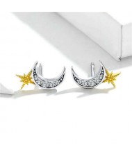 Vintage Color Golden Star and Silver Moon Cubic Zirconia Wholesale 925 Sterling Silver Earrings