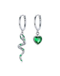 Cool Style Snake and Green Heart Pendant Asymmetric Wholesale 925 Sterling Silver Earrings