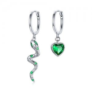 Cool Style Snake and Green Heart Pendant Asymmetric Wholesale 925 Sterling Silver Earrings