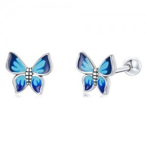 Mini Ear Studs Blue Butterfly Wholesale 925 Sterling Silver Earrings