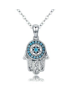 Vintage Color Classic Blue Cubic Zirconia Lucky Hand Pendant Wholesale 925 Sterling Silver Necklace