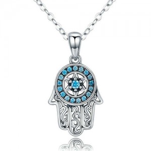 Vintage Color Classic Blue Cubic Zirconia Lucky Hand Pendant Wholesale 925 Sterling Silver Necklace