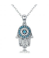 Vintage Color Classic Blue Cubic Zirconia Lucky Hand Pendant Wholesale 925 Sterling Silver Necklace