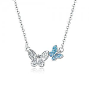 Two Dancing Butterflies Blue Pendant Wholesale 925 Sterling Silver Necklace