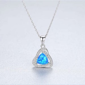 Elegant Cubic Zirconia Decorated Opal Triangle Pendant Wholesale 925 Sterling Silver Necklace - Blue
