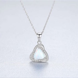 Elegant Cubic Zirconia Decorated Opal Triangle Pendant Wholesale 925 Sterling Silver Necklace - White
