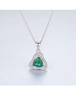 Elegant Cubic Zirconia Decorated Opal Triangle Pendant Wholesale 925 Sterling Silver Necklace - Green