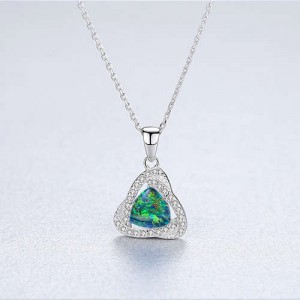 Elegant Cubic Zirconia Decorated Opal Triangle Pendant Wholesale 925 Sterling Silver Necklace - Green