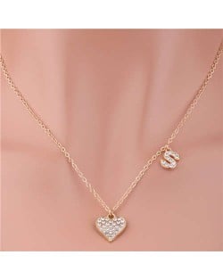 Alphabet S Decorated Rhinestone Peach Heart Pendant Wholesale Fashion Jewelry Alloy Necklace